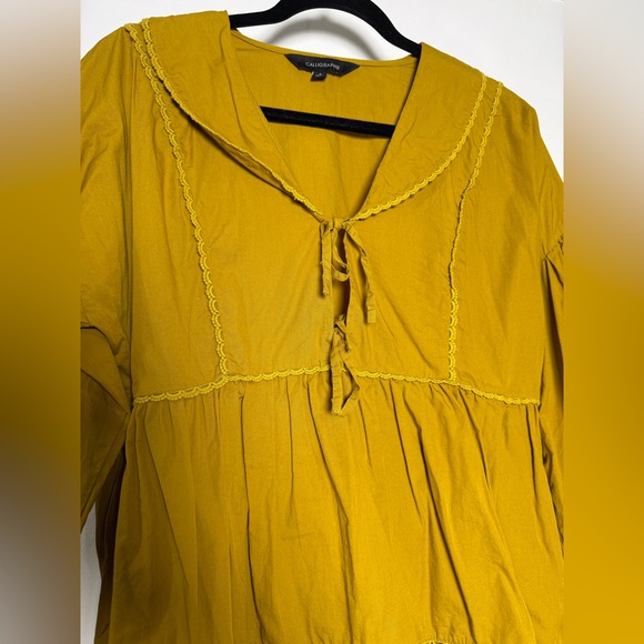 Calligraphie Boho Mustard Lace Trim Tie Front Blouse Size L - Picture 6 of 14